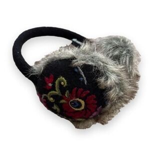 Icelandic Design Vintage Black Floral Embroidered Fuzzy Earmuffs Nordic Boho